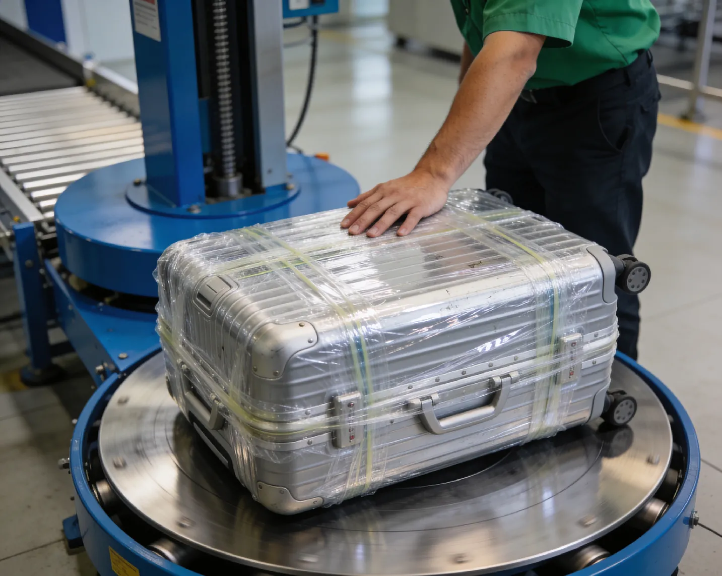 owijanie walizki folią na lotnisku