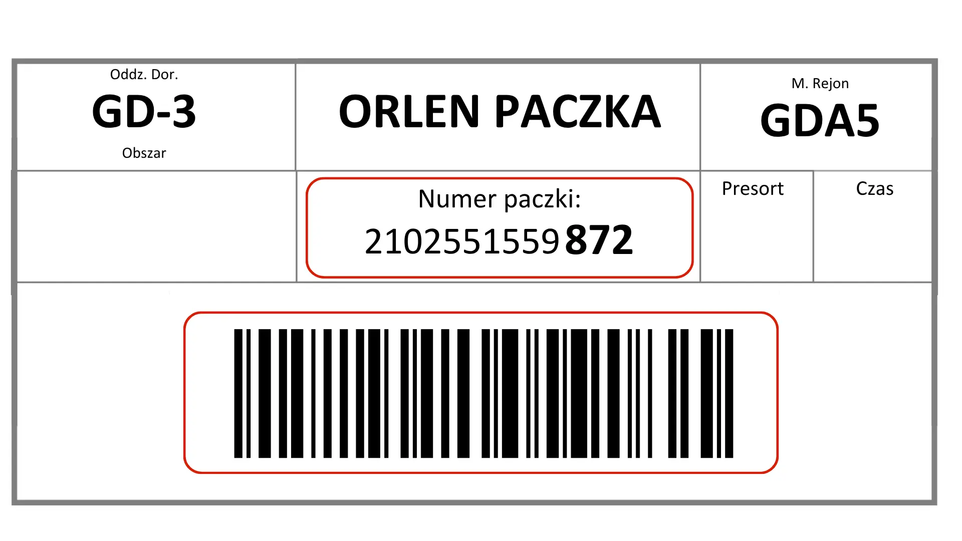 Etykieta ORLEN Paczka z numerem paczki i kodem kreskowym